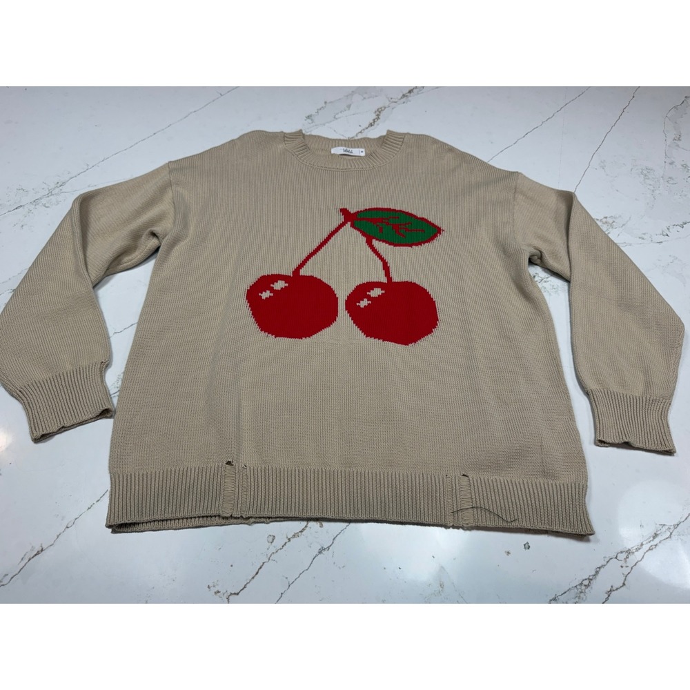 Talulah Womens Tan Distressed Cherry Graphic Oversized Crewneck Sweater Medium